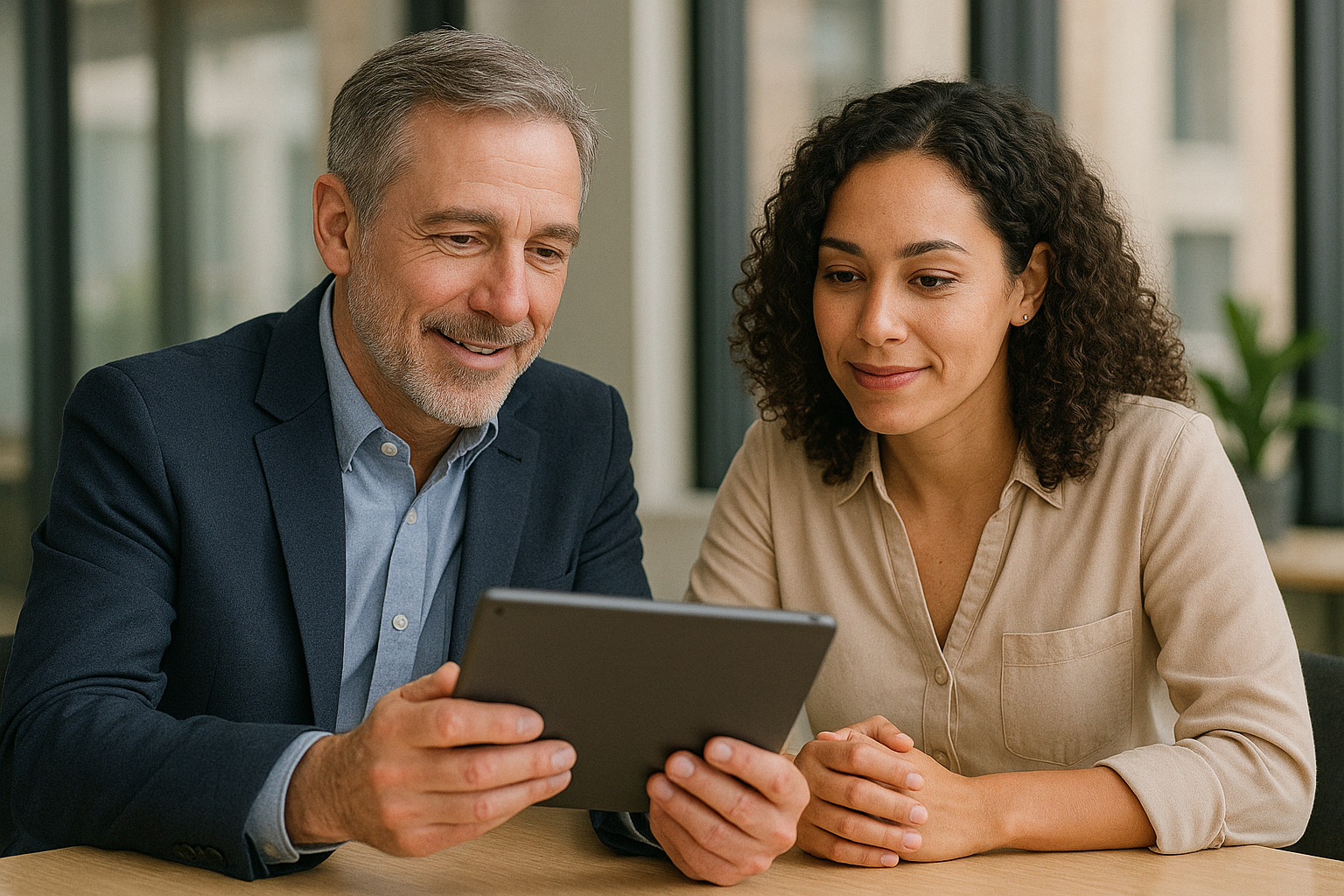 Broker presenting ICHRA quote to client on iPad in professional meeting